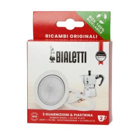 Bialetti 3 уплотнителя + 1 фильтр для алюминиевых гейзерных кофеварок на 2 чашки, фото 