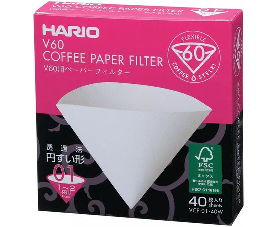 Hario VCF-01-40W Бумажные фильтры V60 01 беленые 40 шт, фото 