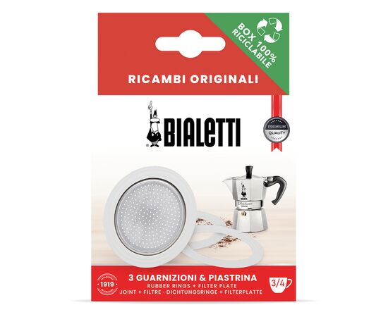 Bialetti 3 уплотнителя + 1 фильтр для гейзерных кофеварок на 3-4 чашки, фото 