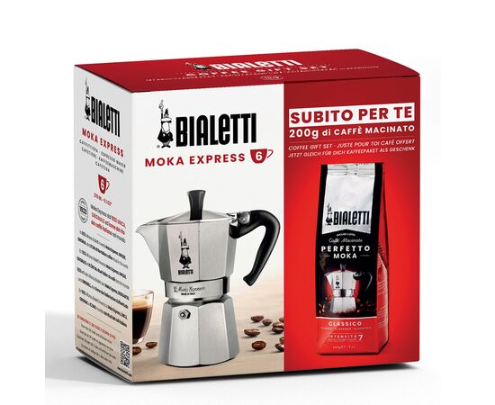 Bialetti Moka Express на 6 чашек + кофе молотый Perfetto Classico 200г, фото 