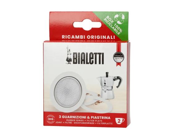 Bialetti 3 уплотнителя + 1 фильтр для алюминиевых гейзерных кофеварок на 2 чашки, фото 
