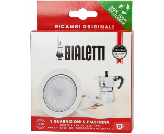 Bialetti 3 уплотнителя + 1 фильтр для гейзерных кофеварок на 12 чашек, фото 