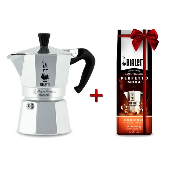 Bialetti Moka Express на 3 чашки + кофе молотый Hazelnut 200г, фото 
