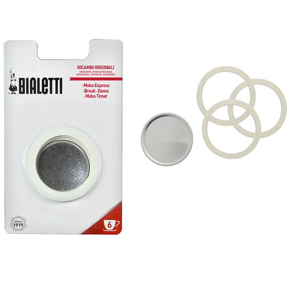 Bialetti 3 уплотнителя + 1 фильтр для гейзерных кофеварок на 6 чашек, фото 
