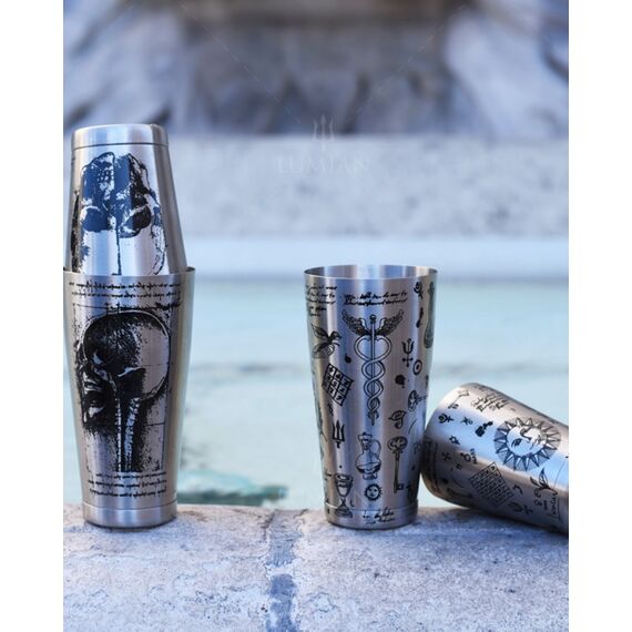 Lumian Kenko Boston Alchemy Tin & Half Tin Шейкер 530/830 мл серебро с гравировкой, фото , изображение 3