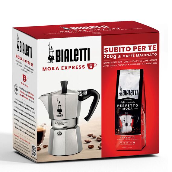 Bialetti Moka Express на 6 чашек + кофе молотый Perfetto Classico 200г, фото 