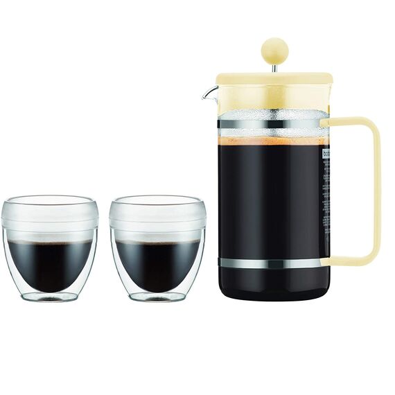 Bodum Bistro Set Набор френч-пресс 1 л и термобокалы 0,25 л банановый, фото 