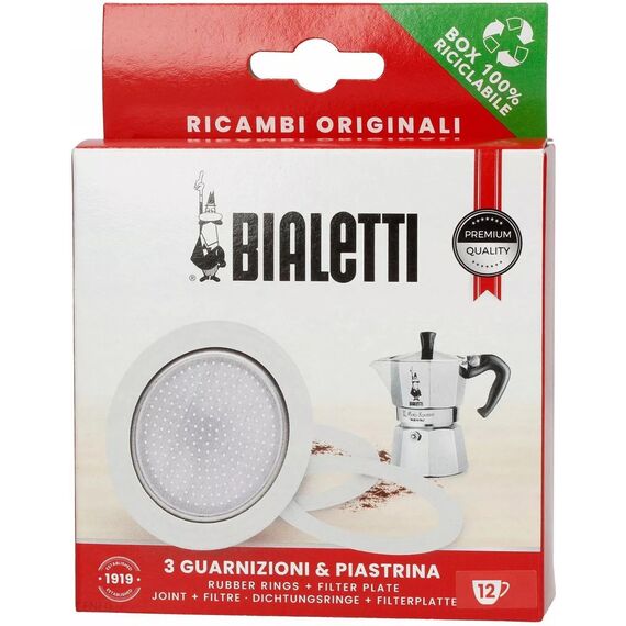 Bialetti 3 уплотнителя + 1 фильтр для гейзерных кофеварок на 12 чашек, фото 