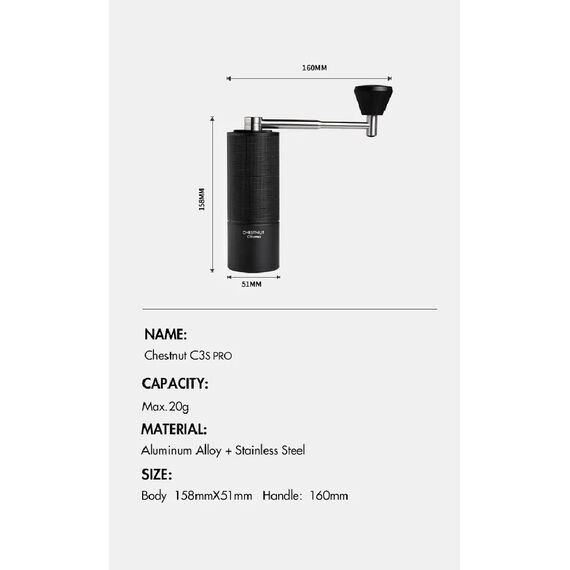 Timemore Chestnut C3s Pro Кофемолка ручная черная, фото , изображение 15