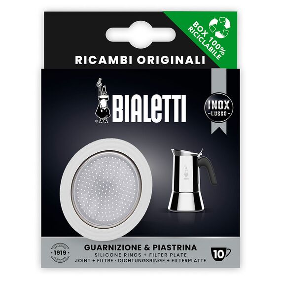 Bialetti 1 уплотнитель + 1 фильтр для стальных гейзерных кофеварок на 10 чашек, фото 