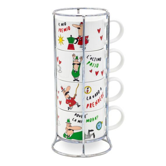 Bialetti L'Omino Italiano Man Набор из 4 чашек для капучино со стойкой, фото 