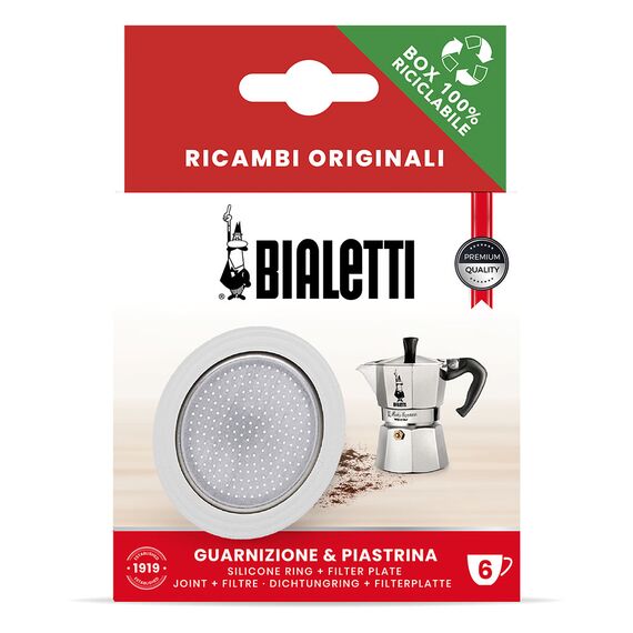 Bialetti 1 силиконовый уплотнитель + 1 фильтр для гейзерных кофеварок на 6 чашек, фото 